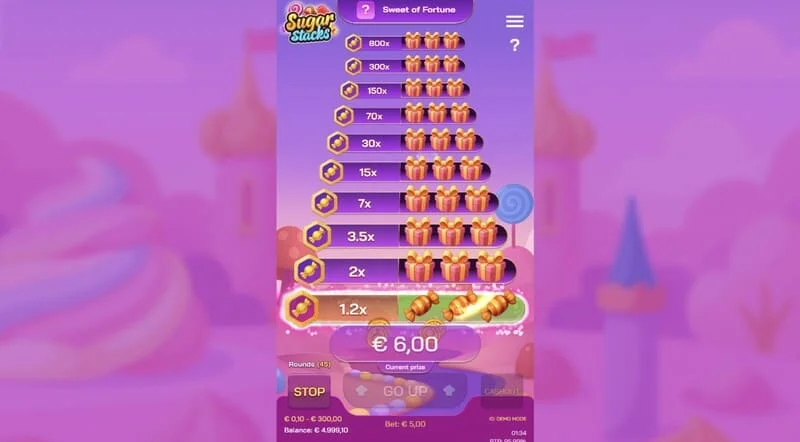 Sugar Stacks - vinnersteg med fremhevet nåværende etasje og multiplikatorteller